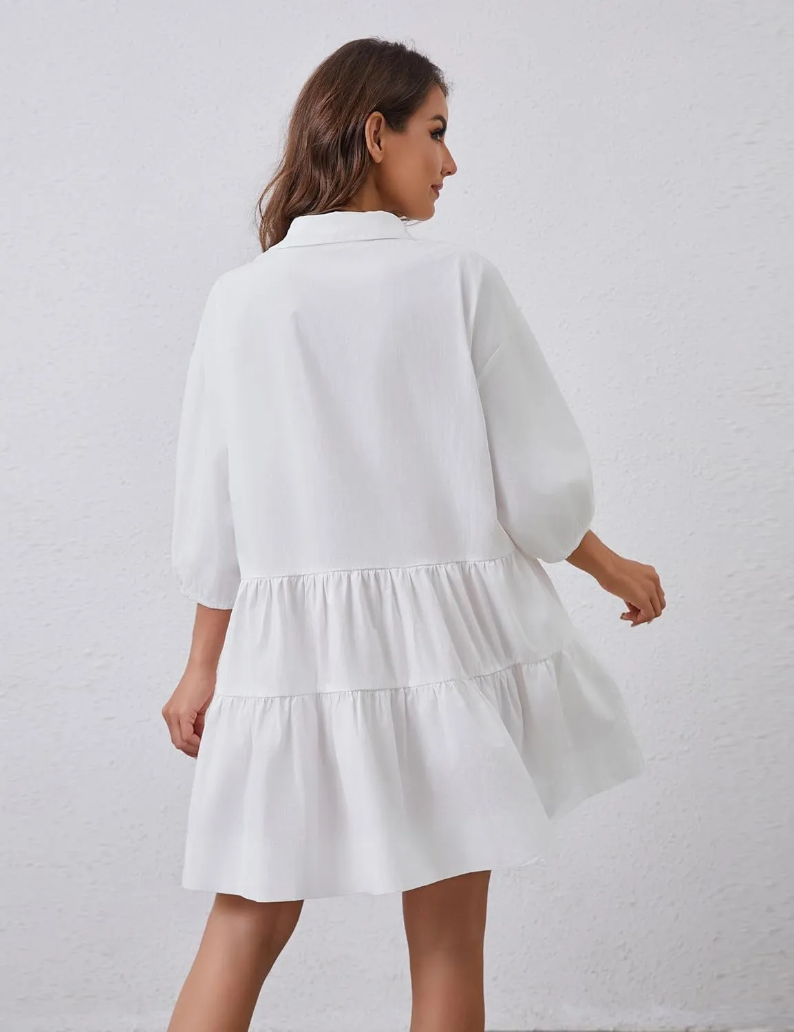Women's Cute Summer Babydoll Shirt Mini Dress Puff Sleeve Flowy Tunic Shirt Dress Button Down Loose Short Dresses