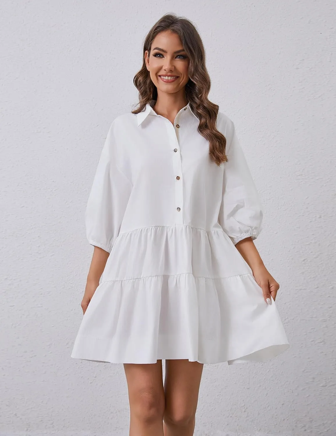 Women's Cute Summer Babydoll Shirt Mini Dress Puff Sleeve Flowy Tunic Shirt Dress Button Down Loose Short Dresses