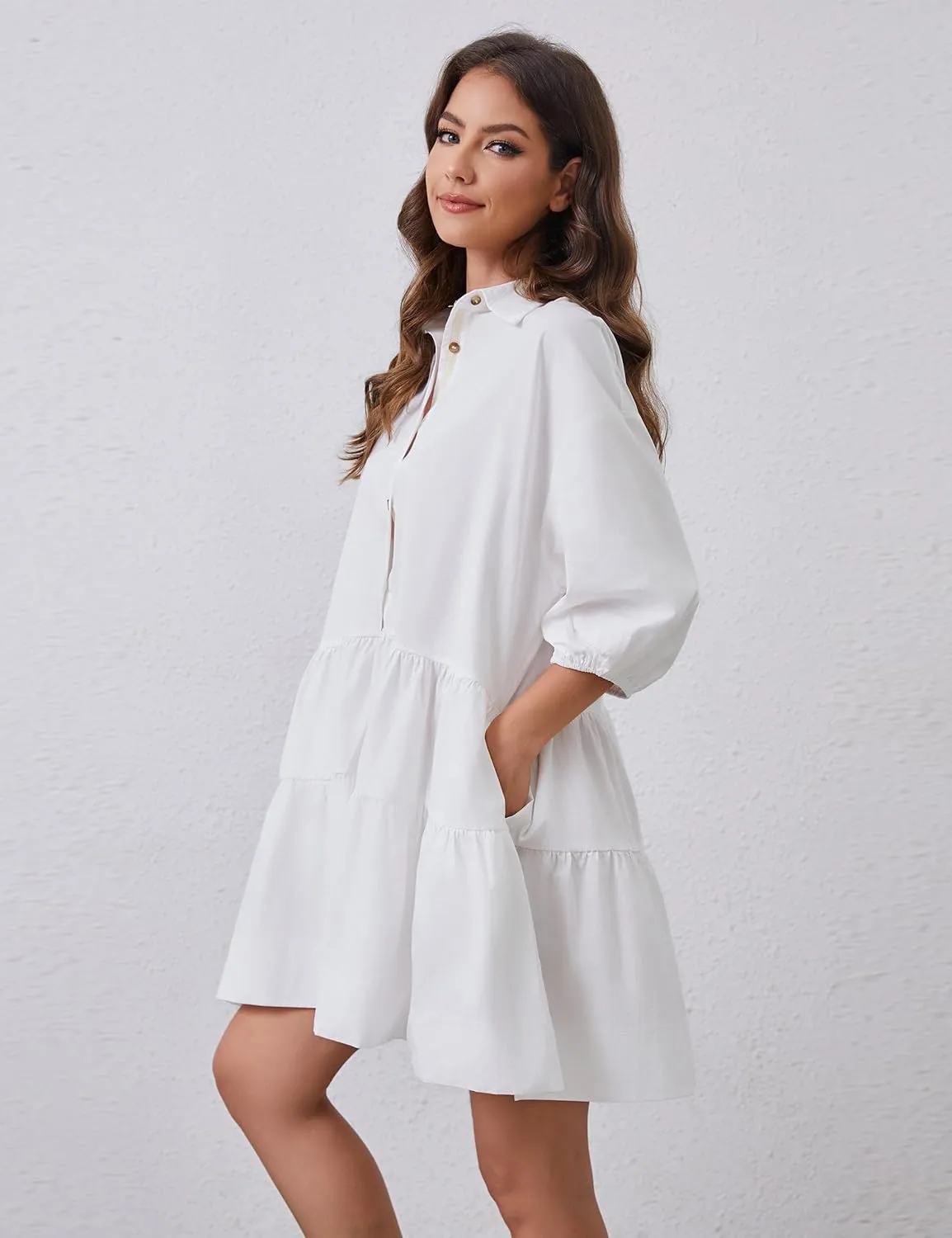 Women's Cute Summer Babydoll Shirt Mini Dress Puff Sleeve Flowy Tunic Shirt Dress Button Down Loose Short Dresses