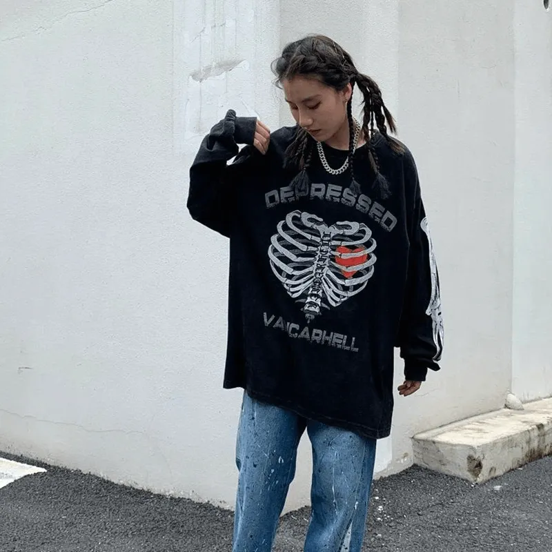Women's Heart Skeleton Print Sweatshirt / Fashion Loose Pullover / Punk Style Cotton Sweatshirts