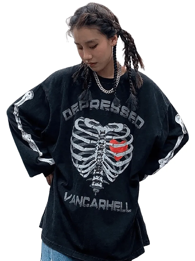Women's Heart Skeleton Print Sweatshirt / Fashion Loose Pullover / Punk Style Cotton Sweatshirts