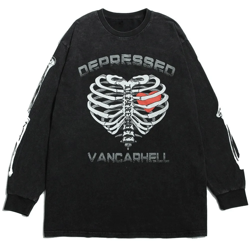 Women's Heart Skeleton Print Sweatshirt / Fashion Loose Pullover / Punk Style Cotton Sweatshirts