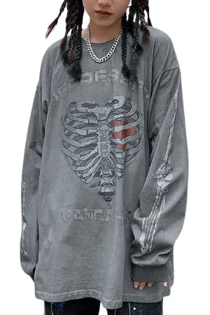 Women's Heart Skeleton Print Sweatshirt / Fashion Loose Pullover / Punk Style Cotton Sweatshirts