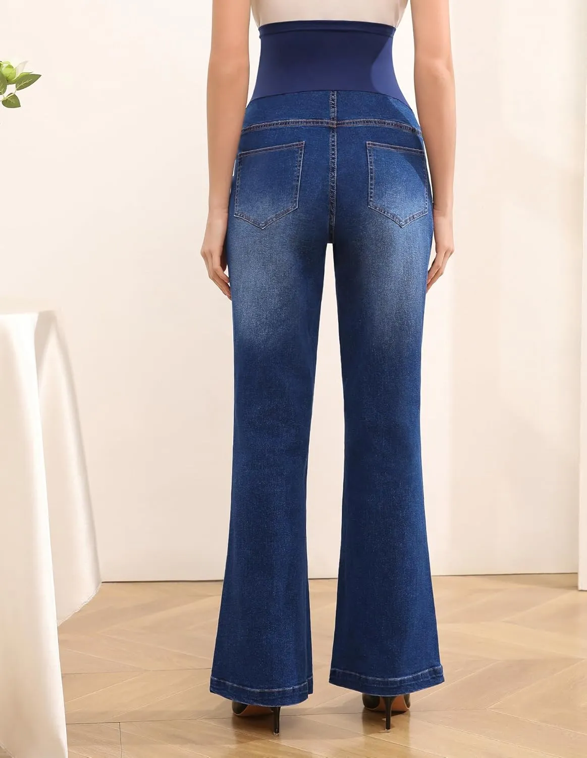Women's Maternity Flare Jeans High-Waist Stretchy Over Belly Bootcut Denim Pregnancy Pants with Patch Pockets