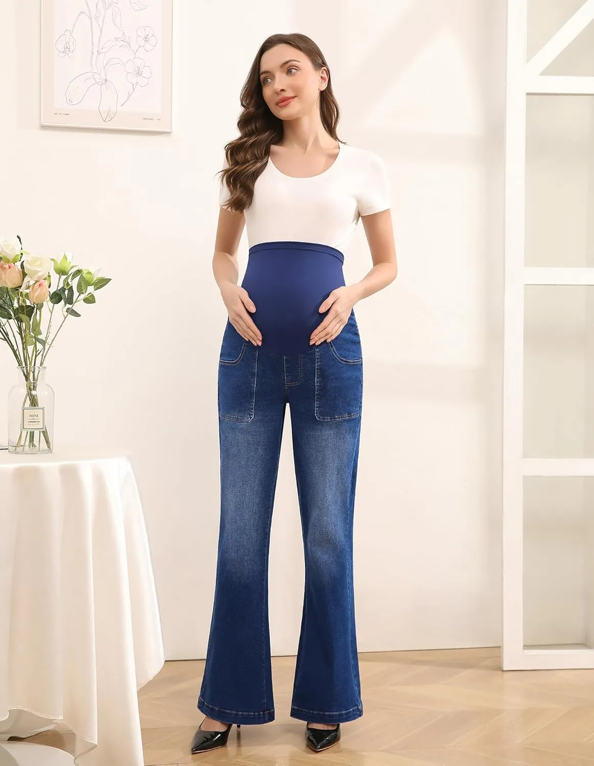 Women's Maternity Flare Jeans High-Waist Stretchy Over Belly Bootcut Denim Pregnancy Pants with Patch Pockets