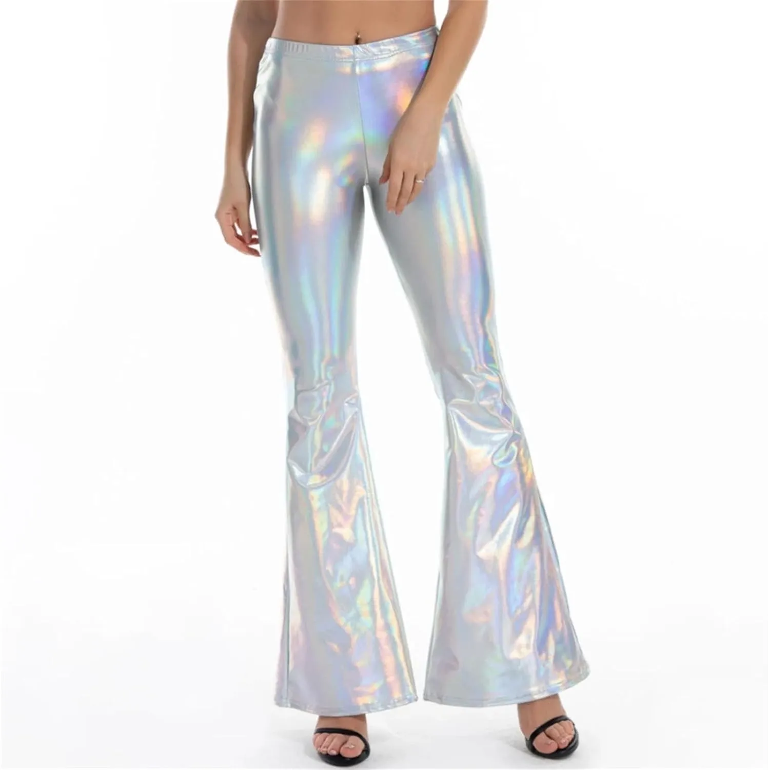 Womens Sexy Shiny Sweatpants Plus Size Loose Silver Harem Pants Jogger Elastic Waist Bell Bottom Trousers