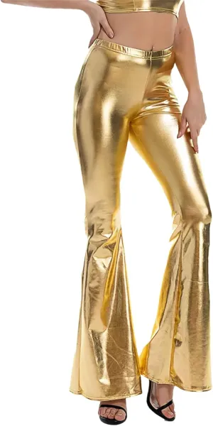 Womens Sexy Shiny Sweatpants Plus Size Loose Silver Harem Pants Jogger Elastic Waist Bell Bottom Trousers