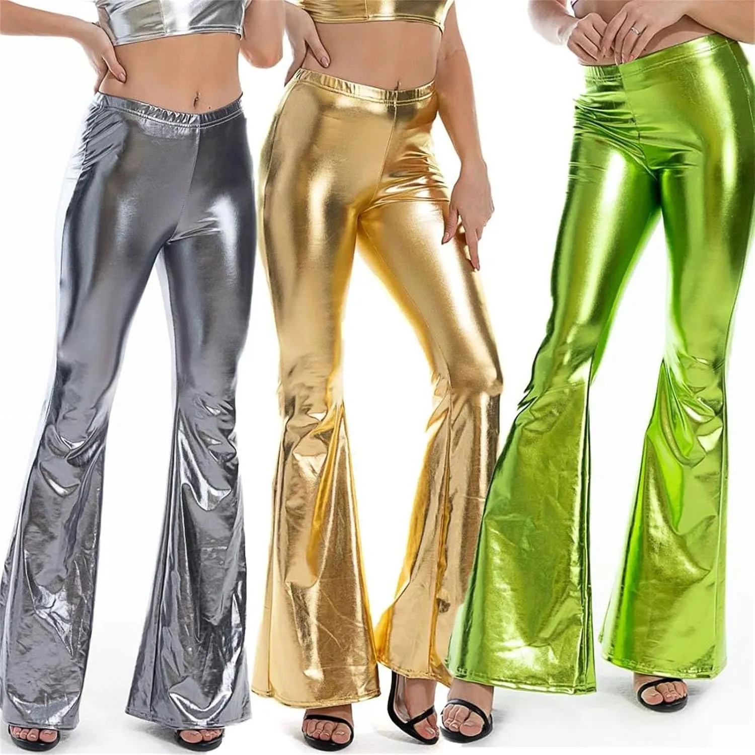 Womens Sexy Shiny Sweatpants Plus Size Loose Silver Harem Pants Jogger Elastic Waist Bell Bottom Trousers
