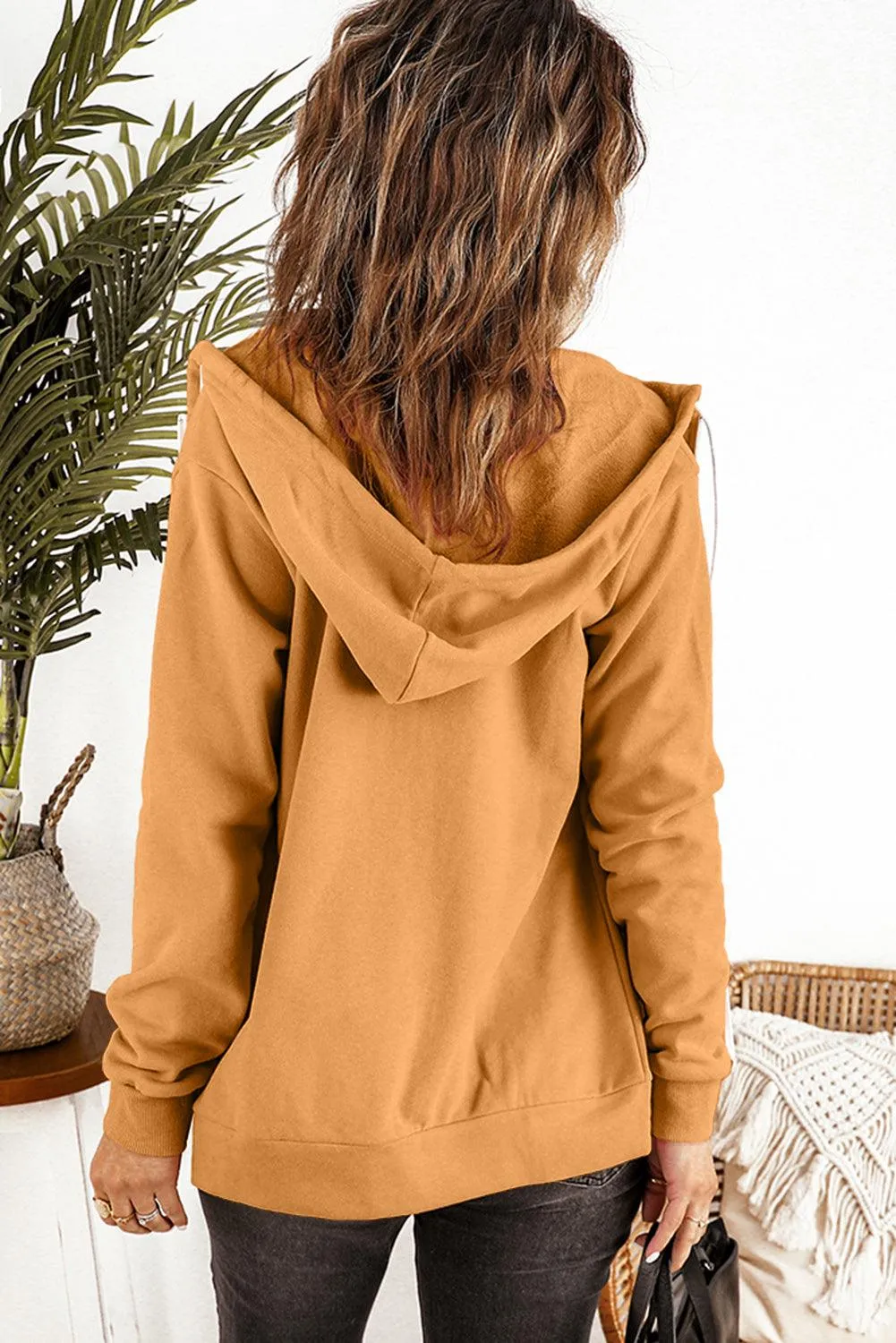 Yellow Zip-Up Pocket Drawstring Hoodie Jacket