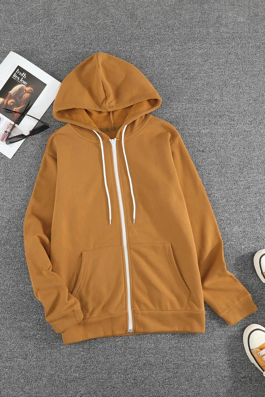 Yellow Zip-Up Pocket Drawstring Hoodie Jacket