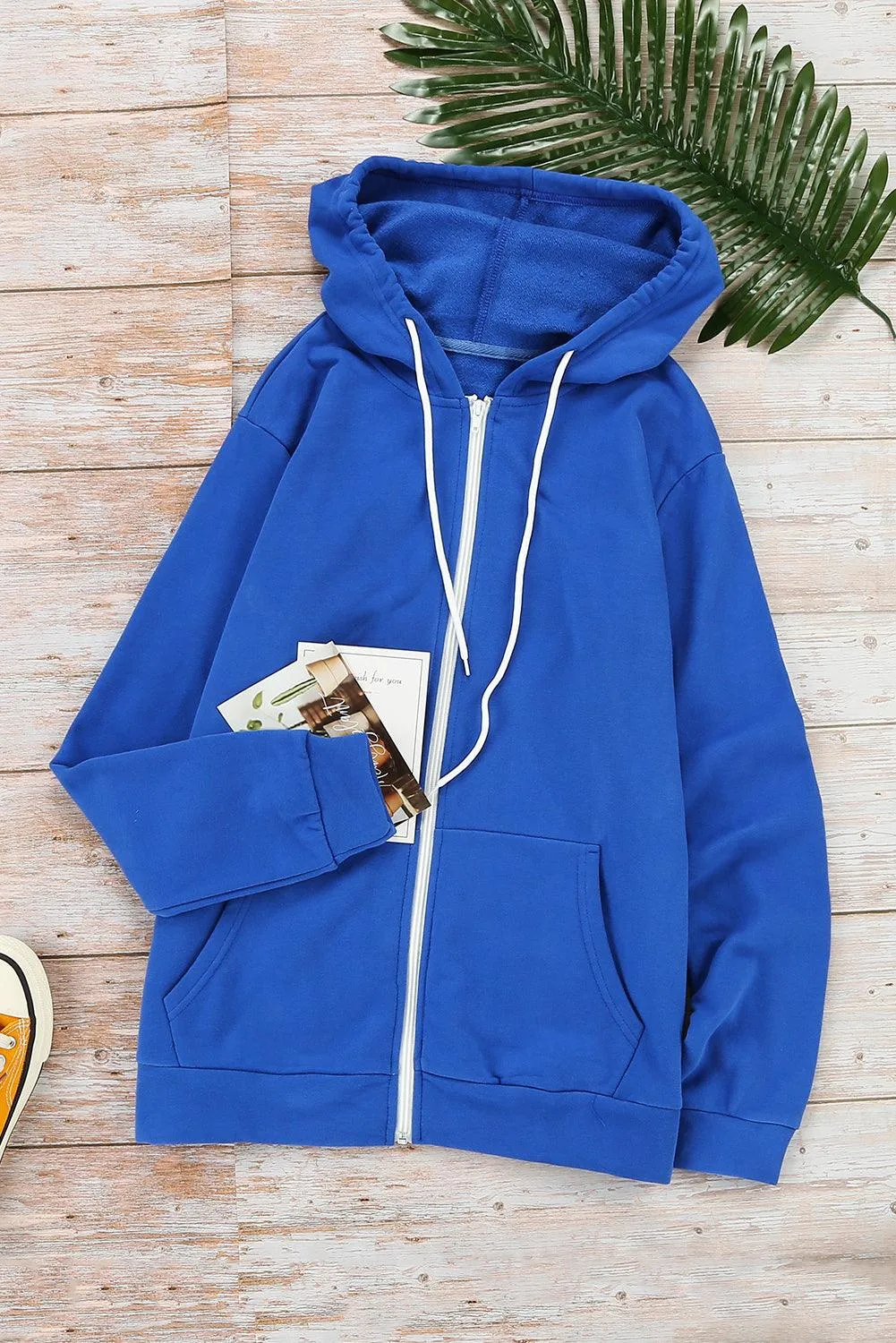 Yellow Zip-Up Pocket Drawstring Hoodie Jacket