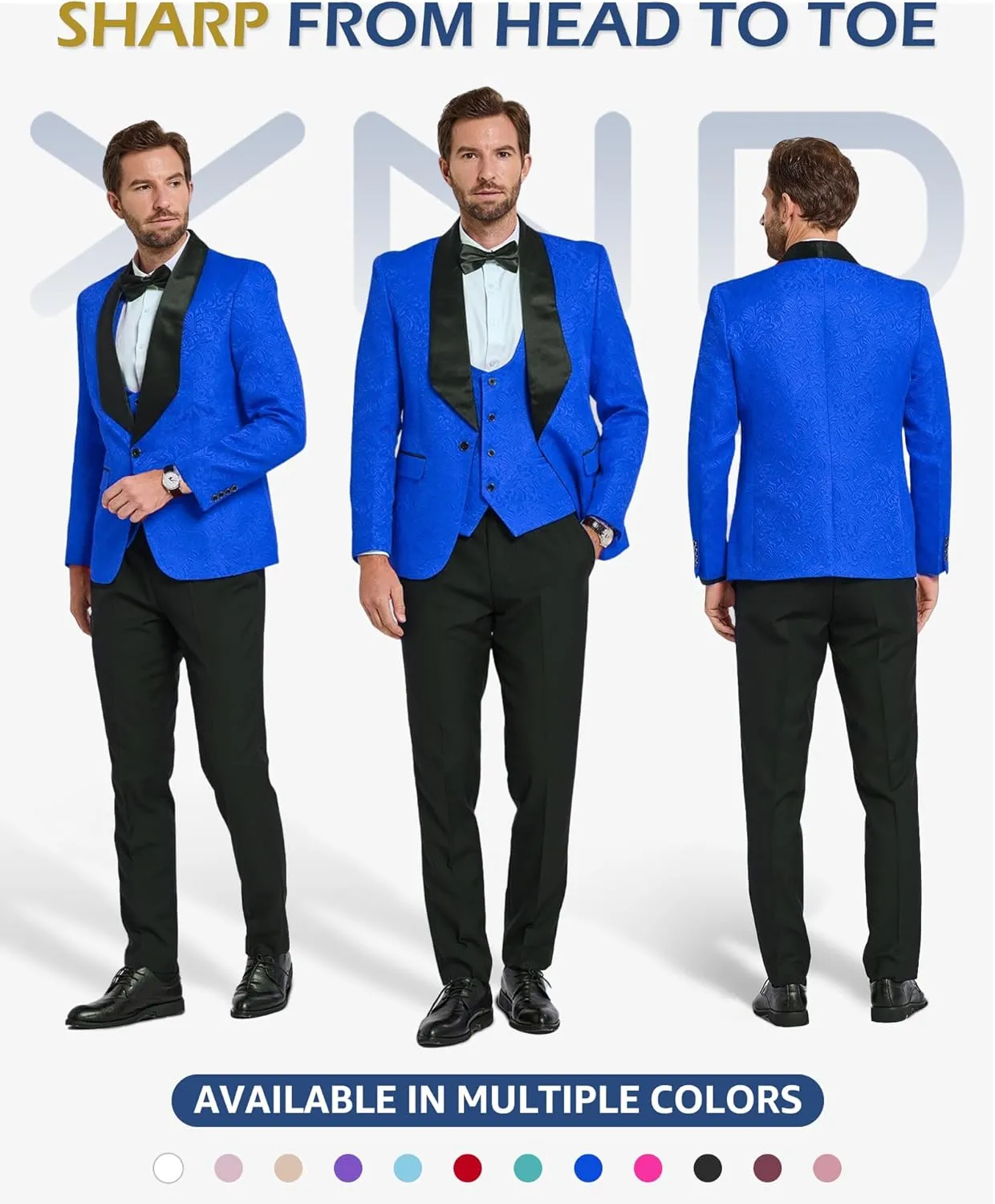 YND Men's 3 Piece Slim Fit Tuxedo Set, Solid Shawl Collar Jacquard Jacket Vest Button Pants