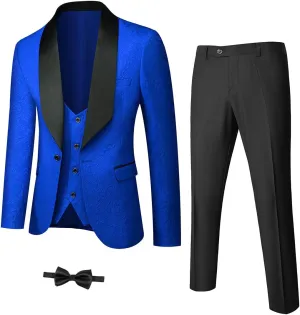 YND Men's 3 Piece Slim Fit Tuxedo Set, Solid Shawl Collar Jacquard Jacket Vest Button Pants