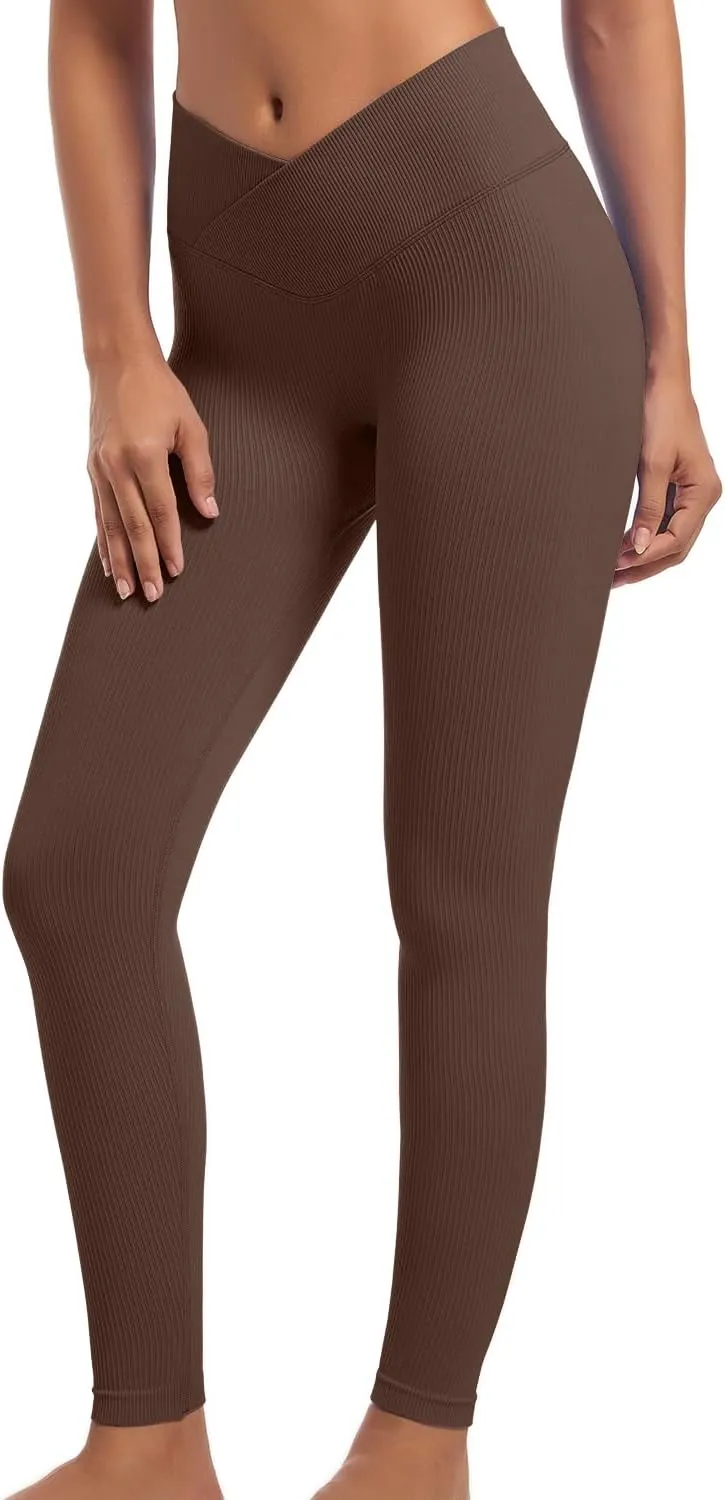 YOAKUKA Yoga Ribbed Leggings for Women High Waisted Tummy Control Seamless Butt Lifting Crossover Workout Gym Athletic Pants