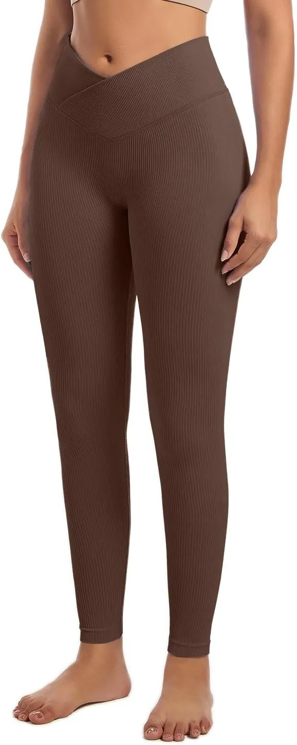YOAKUKA Yoga Ribbed Leggings for Women High Waisted Tummy Control Seamless Butt Lifting Crossover Workout Gym Athletic Pants