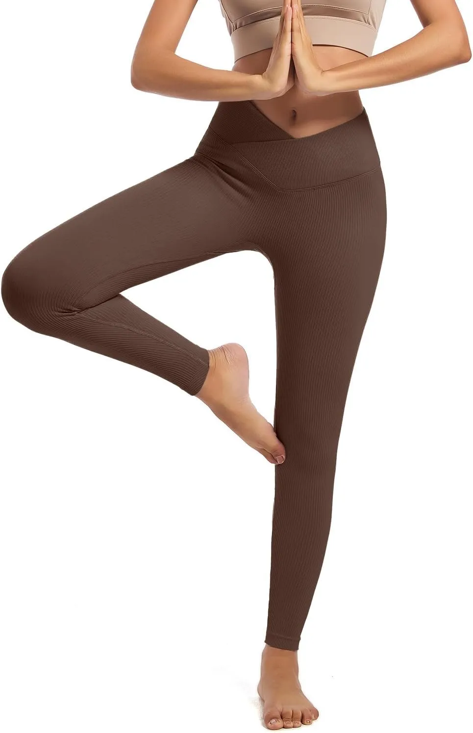 YOAKUKA Yoga Ribbed Leggings for Women High Waisted Tummy Control Seamless Butt Lifting Crossover Workout Gym Athletic Pants