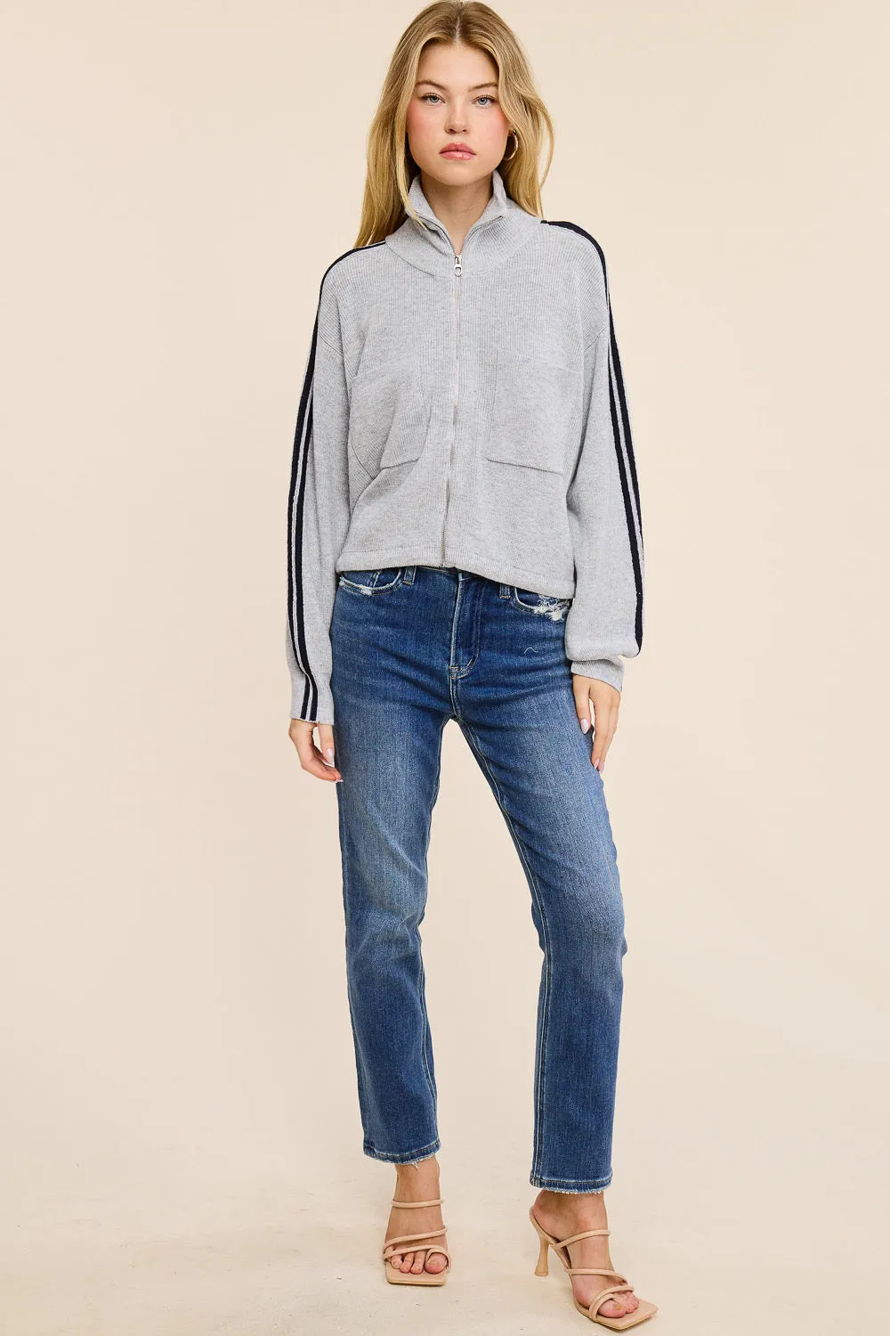 Zip Up Side Stripe Knit Sweater