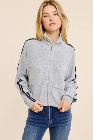Zip Up Side Stripe Knit Sweater