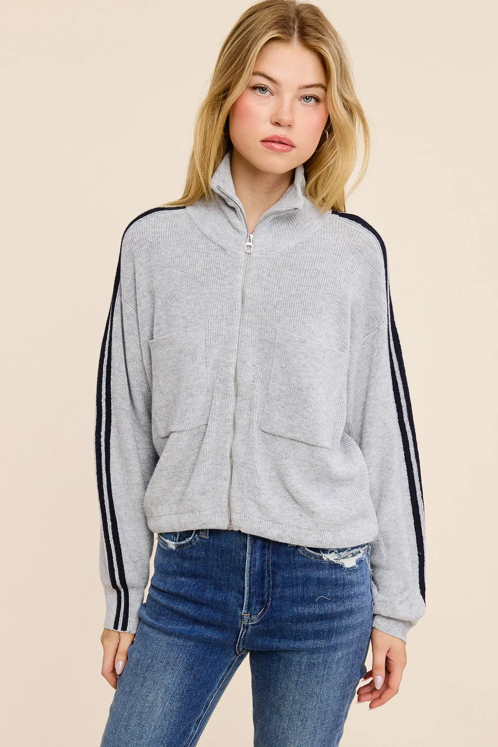 Zip Up Side Stripe Knit Sweater